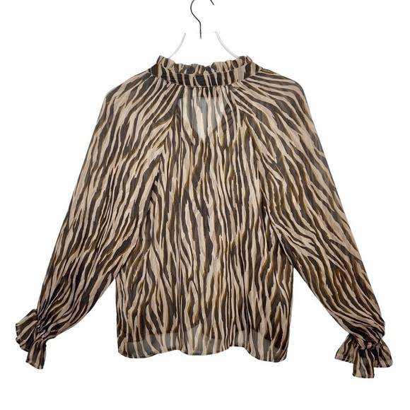 Vici Tan Zebra Tie Neck Balloon Sleeve Button Front Women’s Blouse Sz S - Picture 8 of 12